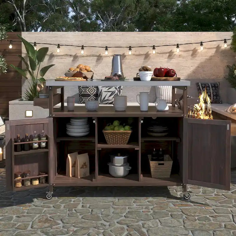 Isola Cucina da Esterno, Carrello Bar con Ruote e Mobile Contenitore, Tavolo per Barbecue in Legno Massello con Piano in Acciaio Inox, Porta Spezie, Porta Asciugamani