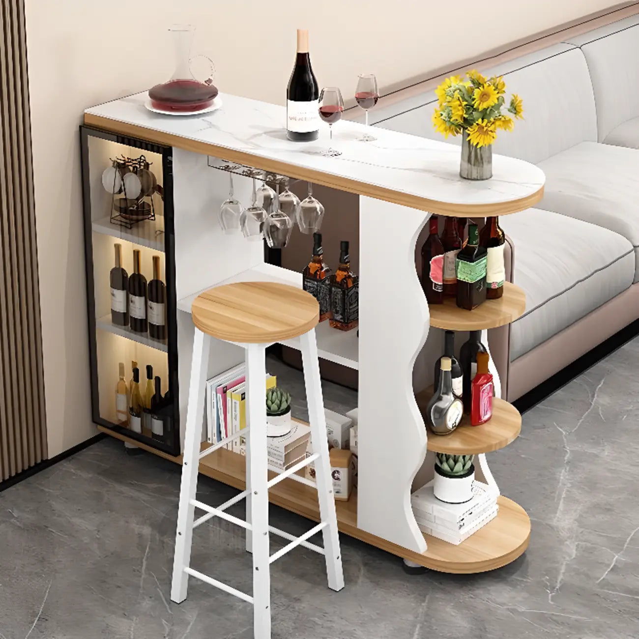 Tavolo da bar a forma libera con top in pietra moderna e contenitore per bar domestici