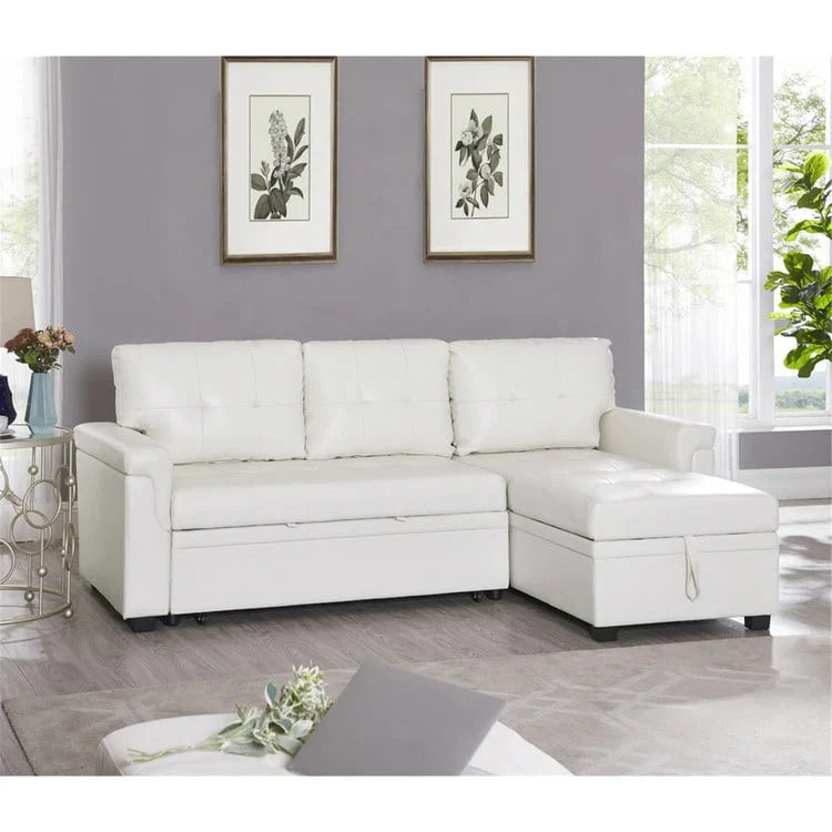 Divano componibile convertibile reversibile con letto estraibile, chaise longue con contenitore nascosto e gambe durevoli