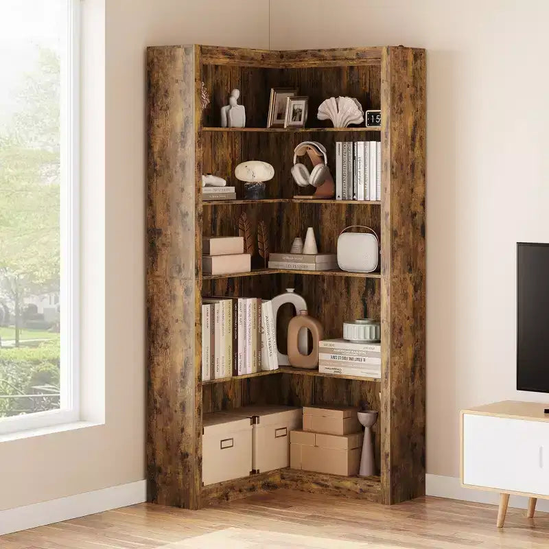 Libreria angolare a 5 ripiani a forma di L, in stile retrò, Bianco/Nero/Legno, singola