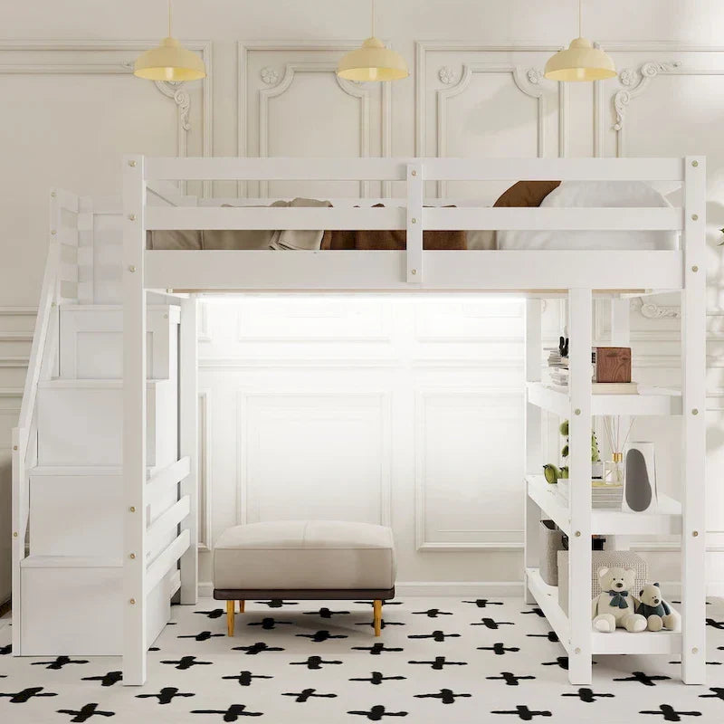 Letto a soppalco singolo/matrimoniale con scala contenitore - Ripiani, armadio e luce LED, design salvaspazio