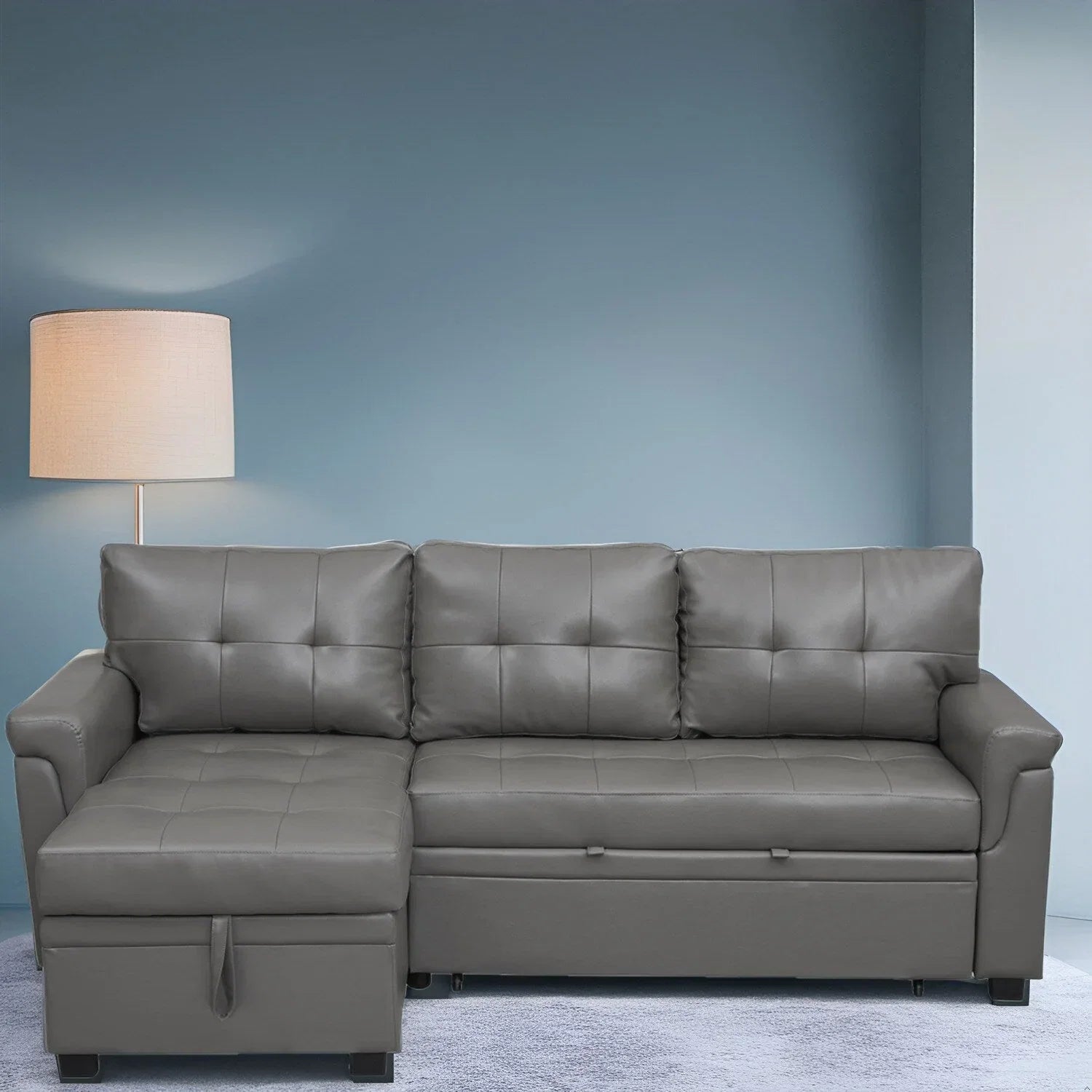 Divano sezionale reversibile con letto estraibile, chaise longue con contenitore nascosto, gambe durevoli,