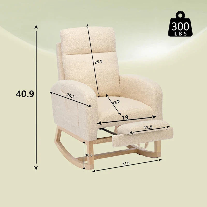 Poltrona a dondolo moderna con schienale alto da 75 cm, imbottita, con gambe in legno massello e poggiapiedi regolabile