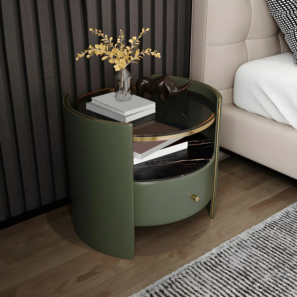 Comodino di Lusso con Piano in Vetro, Cassetto Contenitore e Vano Aperto