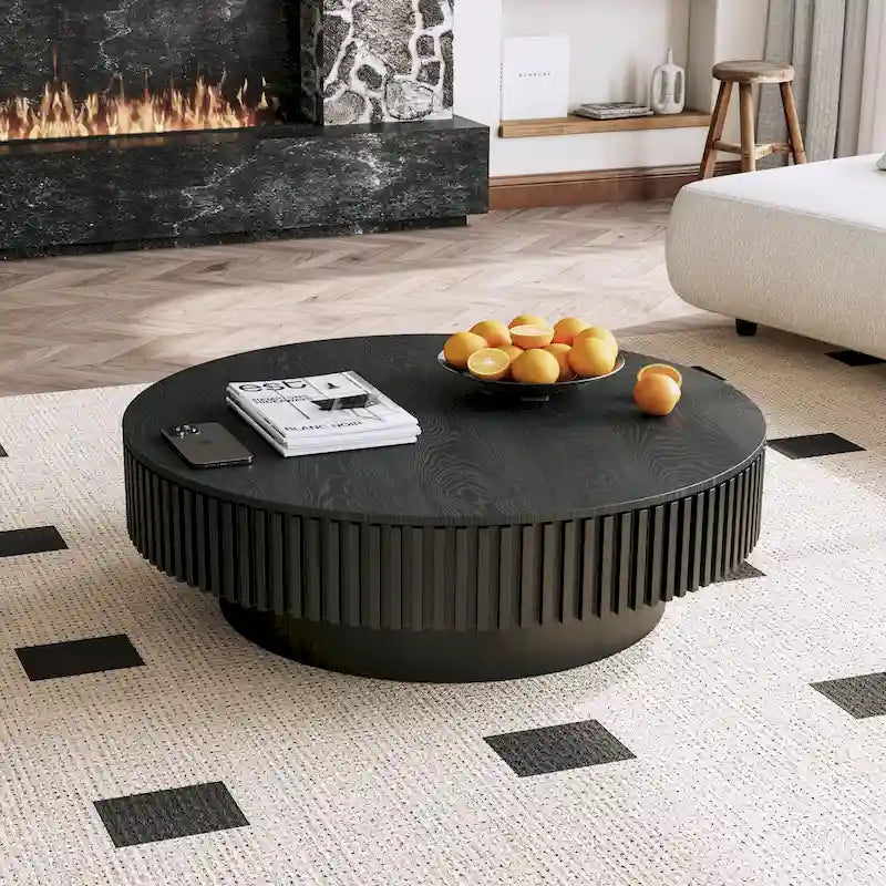 Tavolino rotondo moderno in legno massello impiallacciato con contenitore