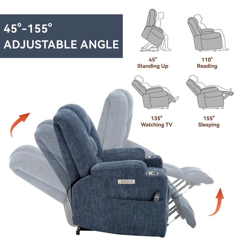 Poltrona Reclinabile Power Lift con Massaggio e Calore, Poltrone Reclinabili Larghe Imbottite Lazy Boy con USB, Porte Type C e 2 Portabicchieri in Acciaio