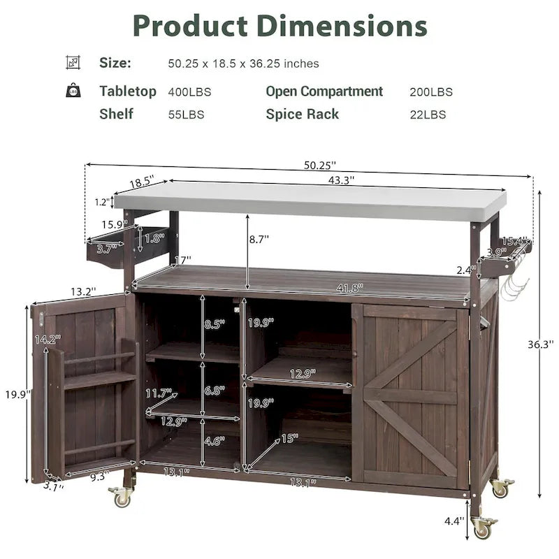 Isola Cucina da Esterno, Carrello Bar con Ruote e Mobile Contenitore, Tavolo per Barbecue in Legno Massello con Piano in Acciaio Inox, Porta Spezie, Porta Asciugamani