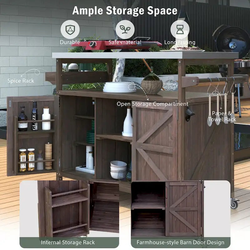 Isola Cucina da Esterno, Carrello Bar con Ruote e Mobile Contenitore, Tavolo per Barbecue in Legno Massello con Piano in Acciaio Inox, Porta Spezie, Porta Asciugamani