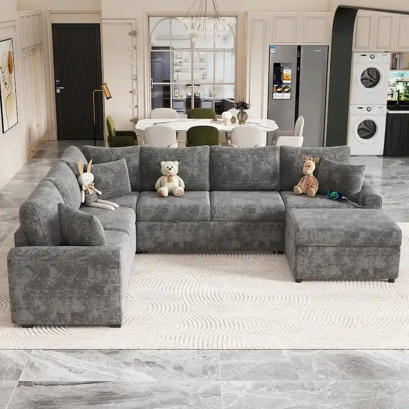 Divano sezionale in ciniglia con letto estraibile, divano letto a L con pouf contenitore, 3 cuscini e dispositivi di ricarica