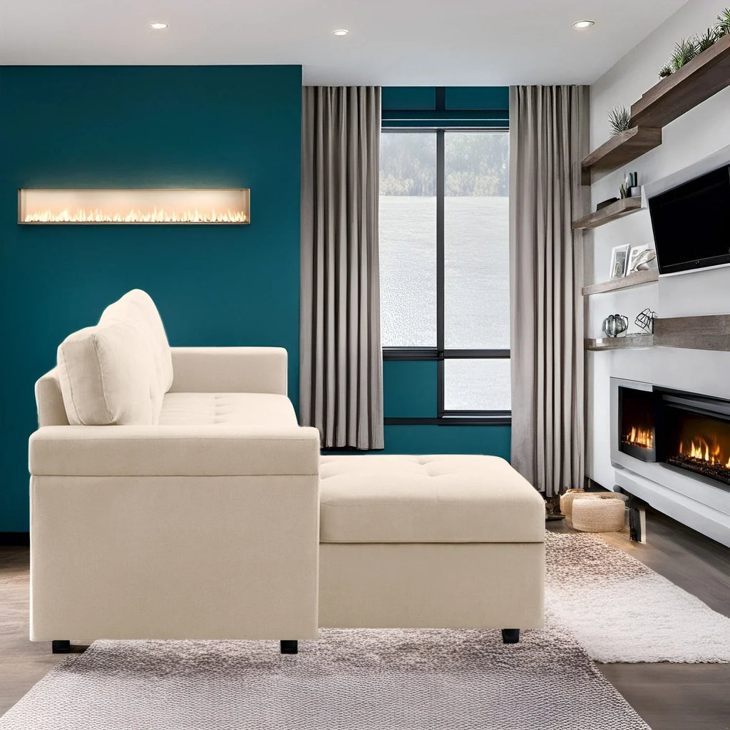 Divano componibile convertibile reversibile con letto estraibile, chaise longue con contenitore nascosto e gambe durevoli
