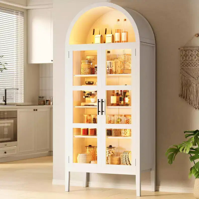 Mobile Contenitore, Nero/Bianco, Stile Arco, Singolo, Alto 71 con Luci a LED e Ante in Vetro
