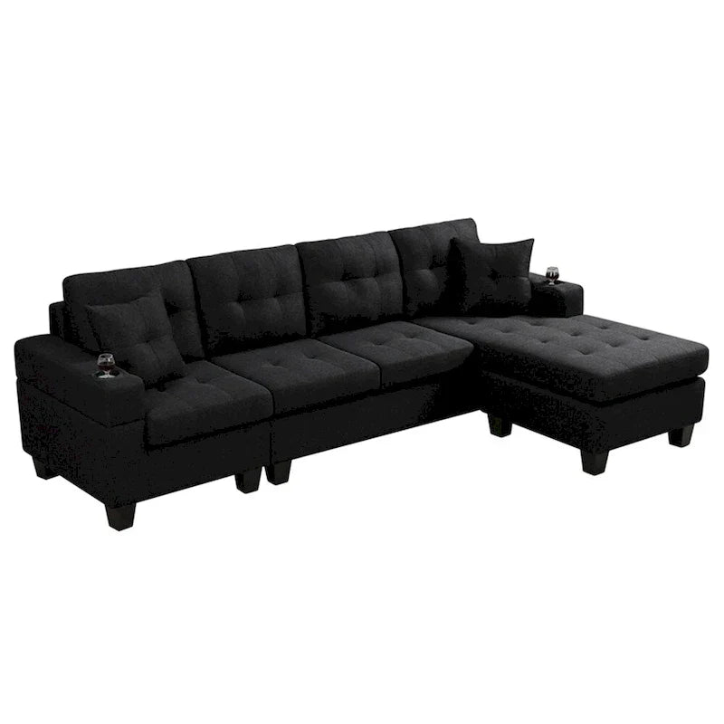 Divano componibile da soggiorno con chaise longue a L e portabicchieri