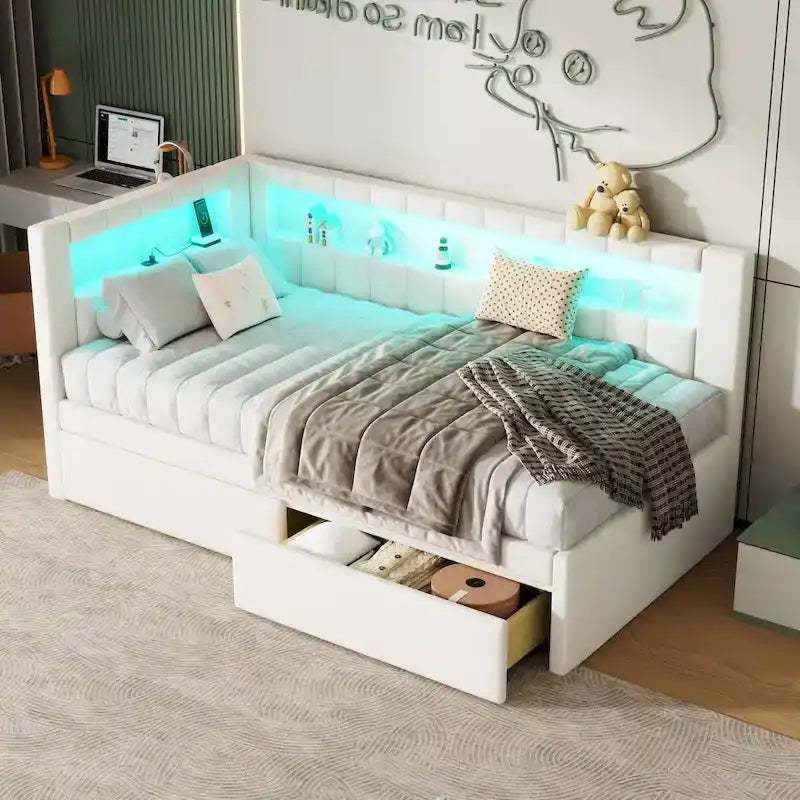 Letto imbottito a piattaforma con porte USB e illuminazione a LED - Struttura letto matrimoniale/singola con 2 cassetti portaoggetti - Camera da letto moderna