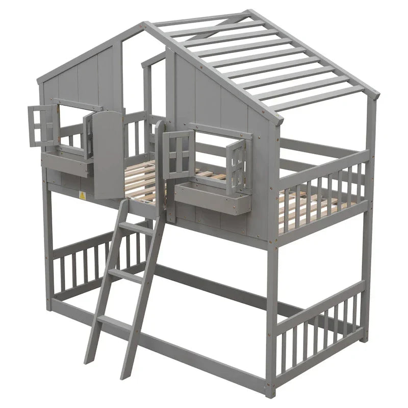 Letto a castello a casetta singolo su singolo con tetto, finestra, fioriera, porta, con sponde di sicurezza e scaletta, Grigio