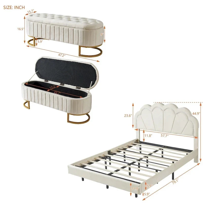 Comodino a 2 Pezzi Letto a Piattaforma Matrimoniale a LED con Pouf Contenitore