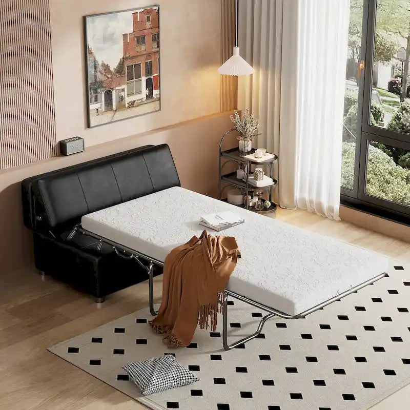 Divano letto pieghevole estraibile a forma di pouf singolo con materasso, letto per gli ospiti convertibile, divano letto rivestito in PU