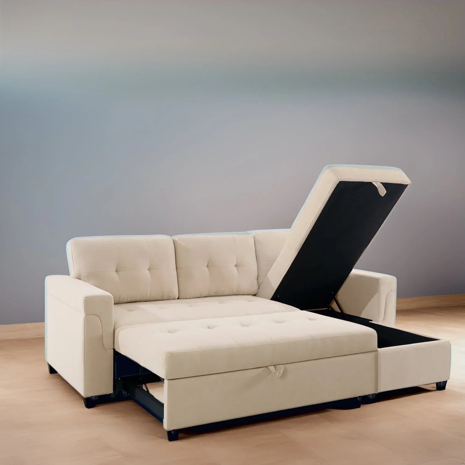 Divano componibile convertibile reversibile con letto estraibile, chaise longue con contenitore nascosto e gambe durevoli