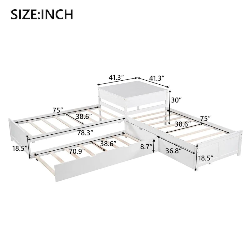 Letto a piattaforma a L moderno bianco per cameretta, dimensioni singole, con letto estraibile e cassetti