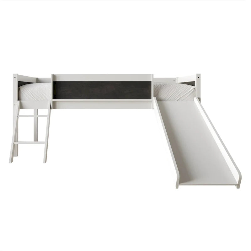 Letto a soppalco basso classico singolo CraftPorch con lavagna, scivolo e scaletta