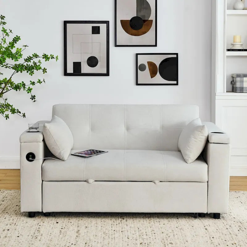 Divano Letto Estraibile 54", Divano Reclinabile 2 Posti con Contenitore, Cuscino Lombare, Presa USB