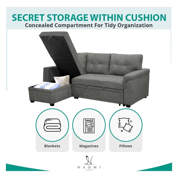 Divano sezionale reversibile con letto estraibile, chaise longue con contenitore nascosto, gambe durevoli,