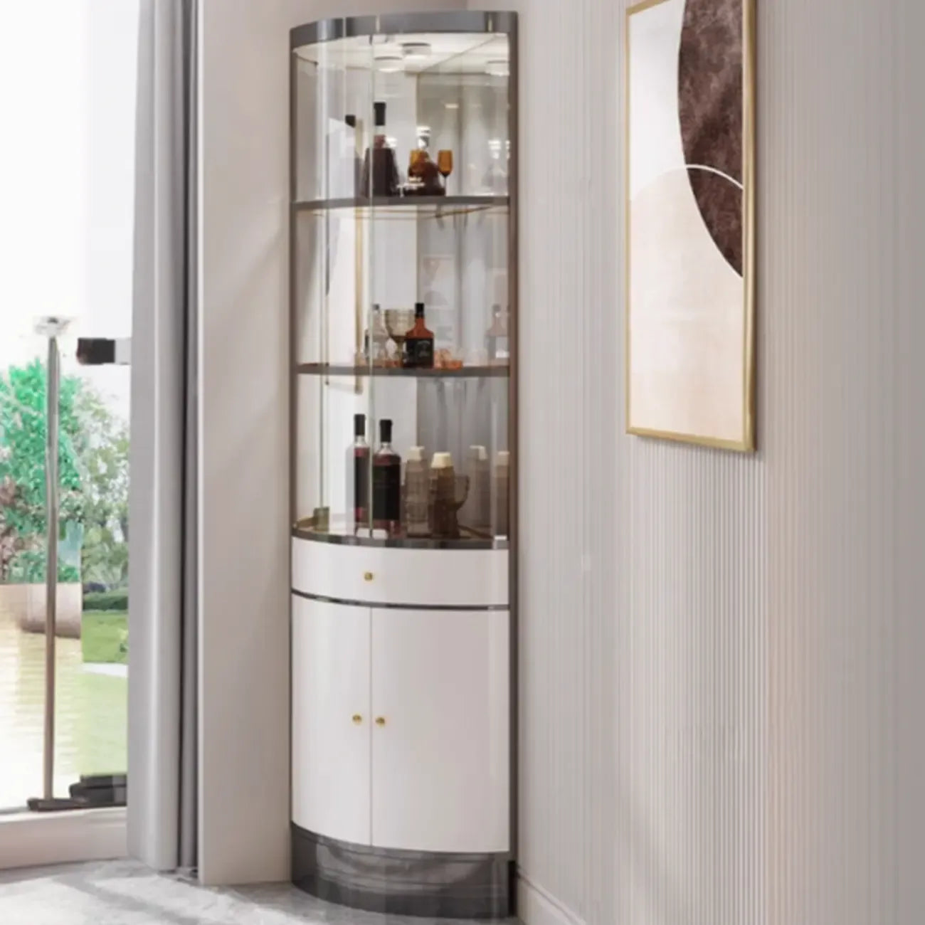 Mobile Bar Angolare con Scaffali Multipli in Vetro e Metallo per Esposizione