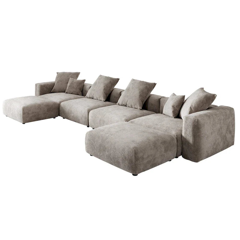 Divano componibile modulare grande, rivestimento in velluto a coste, a U, a 4 posti, con 2 pouf e 5 cuscini