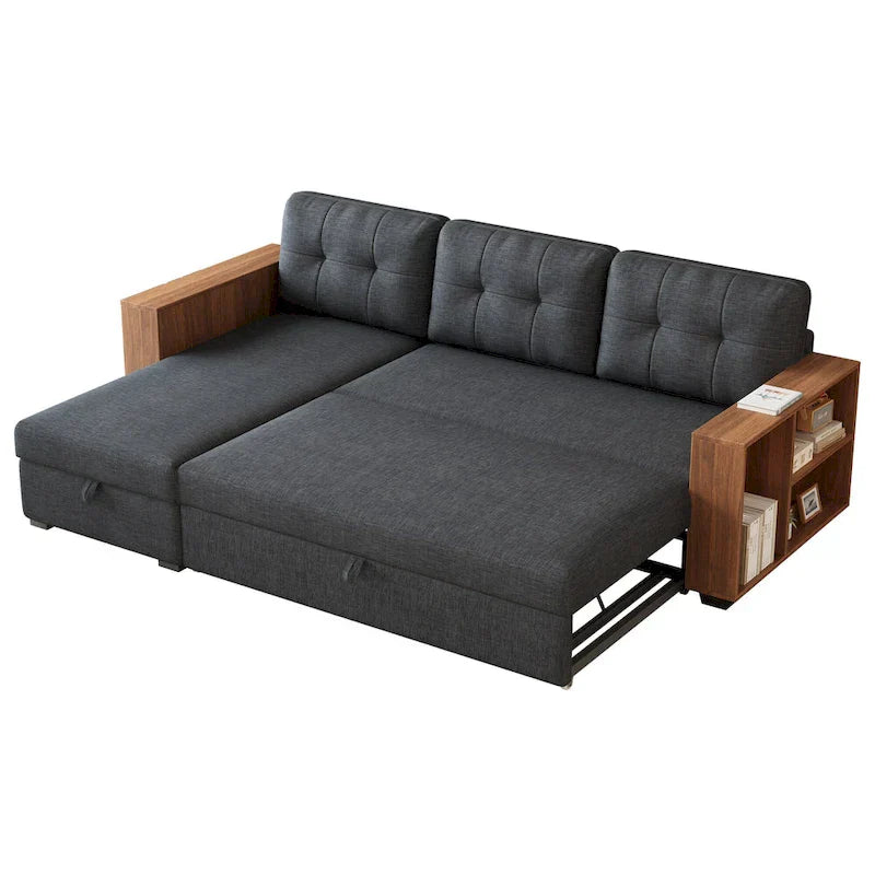 Divano Sezionale Convertibile con Letto Estraibile e Chaise Longue Contenitore Nascosto