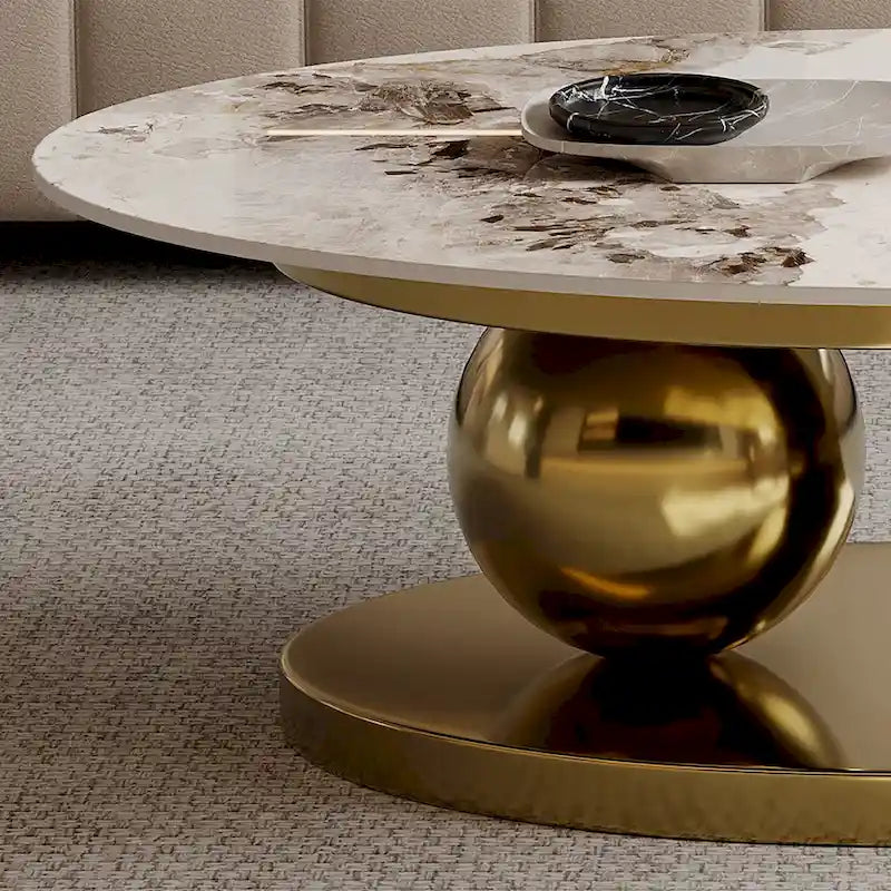 Tavolino da caffè ovale moderno Pandora 51 con piano in pietra sinterizzata lucida, tavolino da caffè di lusso, gambe in acciaio inossidabile per soggiorno