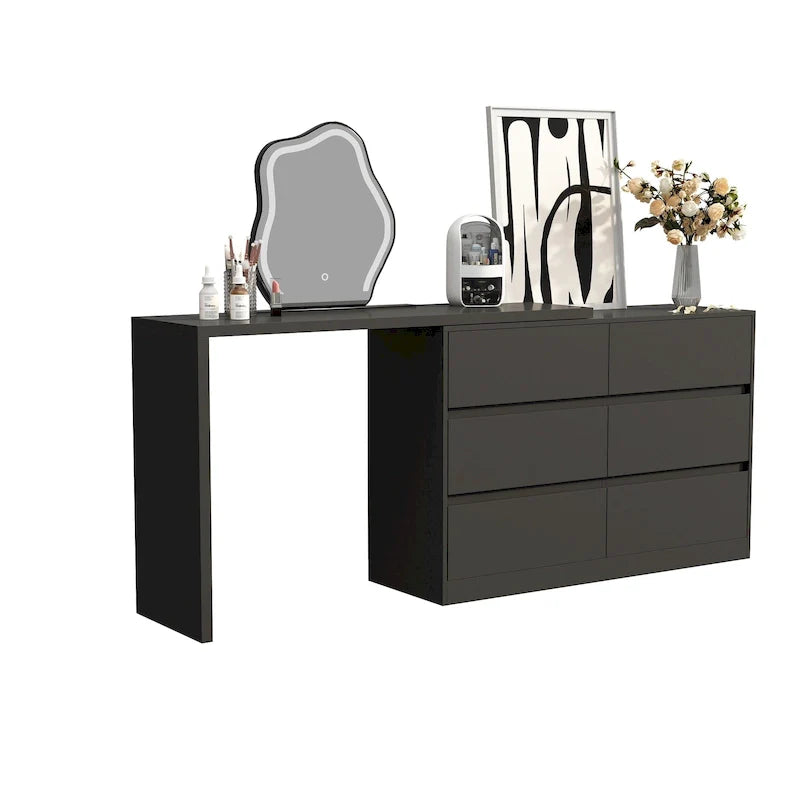 Cassettiera e Scrivania Girevole a 32,7H, con 6 Cassetti, Tavolo da Trucco, Bianco/Nero