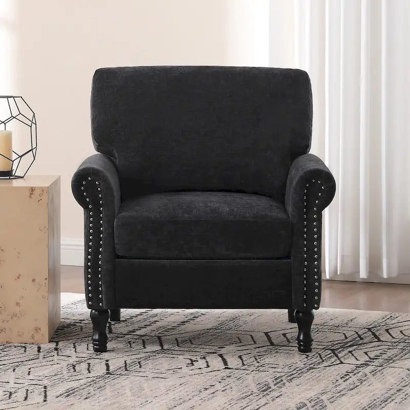 Poltrona moderna imbottita con borchie e gambe in legno