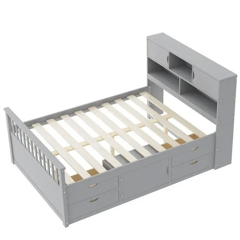 Letto a piattaforma Twin/Full Size Captain con 4 cassetti e mensole portaoggetti, struttura letto in legno massello con testiera libreria contenitore