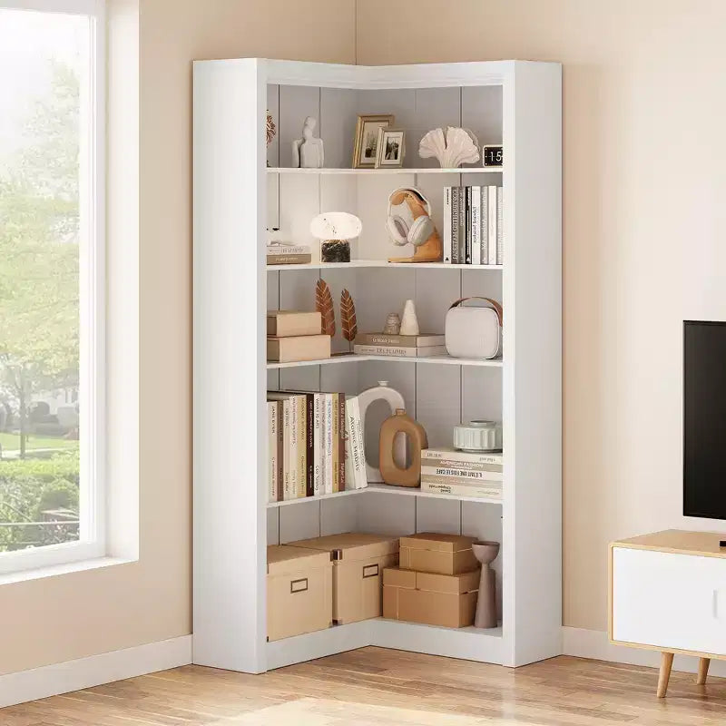 Libreria angolare a 5 ripiani a forma di L, in stile retrò, Bianco/Nero/Legno, singola