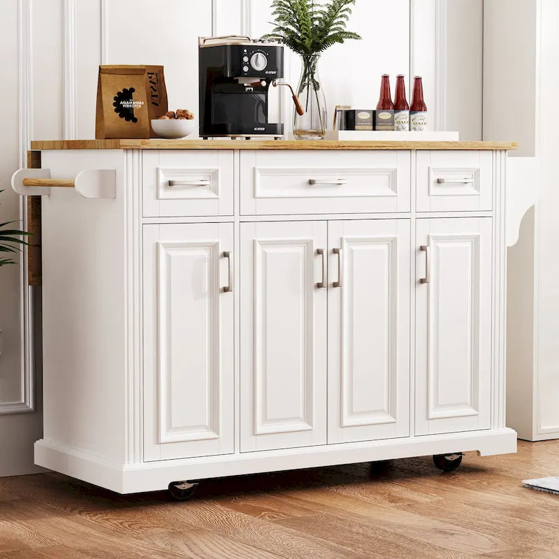 Grande isola da cucina con ribalta in legno, carrello da cucina arrotolabile con texture in rilievo, ante e cassetti con contenitore per cucina, bianco