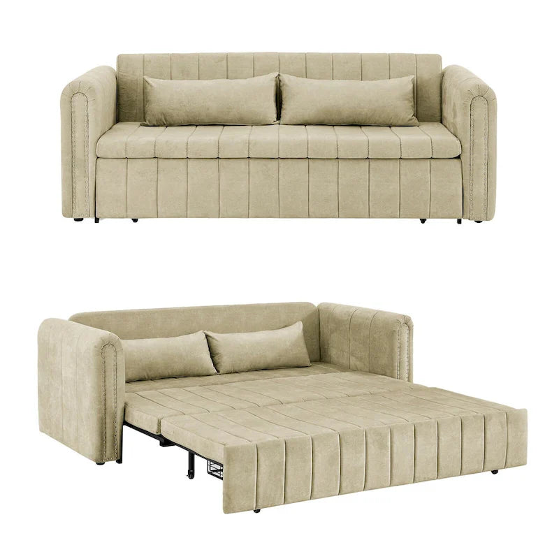 Divano letto moderno convertibile imbottito in velluto con braccioli arrotolati decorati con borchie in rame