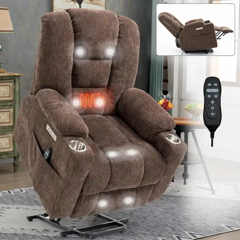 Poltrona Reclinabile Power Lift con Massaggio e Calore, Poltrone Reclinabili Larghe Imbottite Lazy Boy con USB, Porte Type C e 2 Portabicchieri in Acciaio