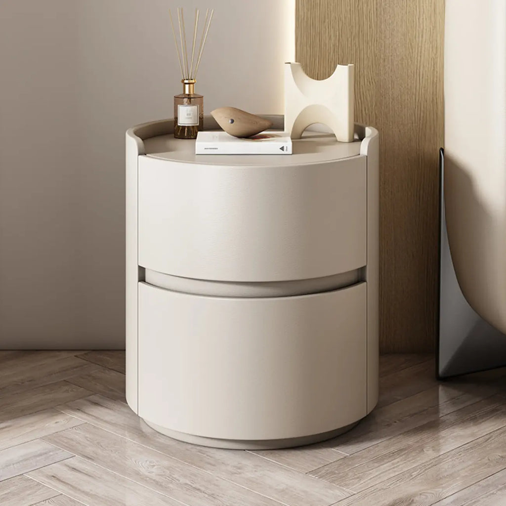 Comodino rotondo a 2 cassetti in pelle moderna