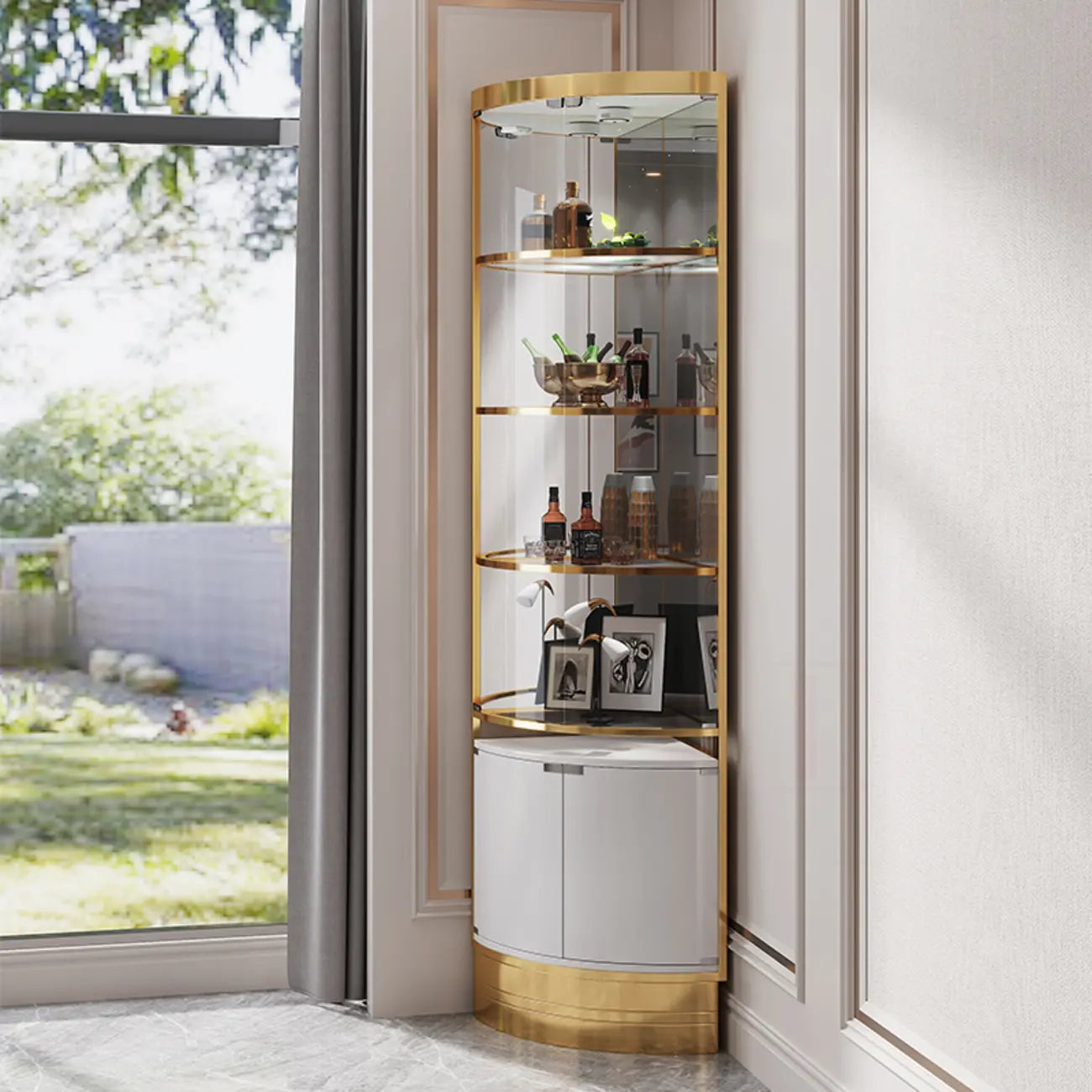 Mobile Bar Angolare con Scaffali Multipli in Vetro e Metallo per Esposizione