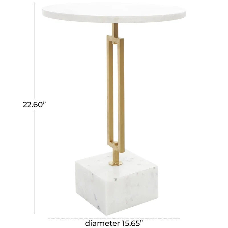 Tavolino d'appoggio/laterale geometrico in marmo con base rettangolare in metallo dorato - Bianco