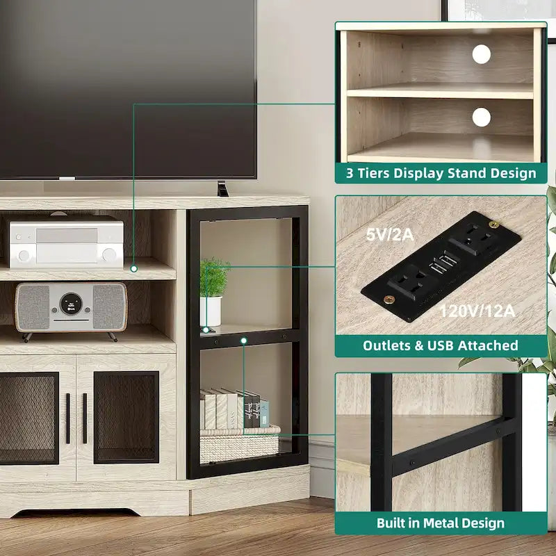 Mobile TV ad angolo in stile rustico con presa di corrente, per TV fino a 55 pollici
