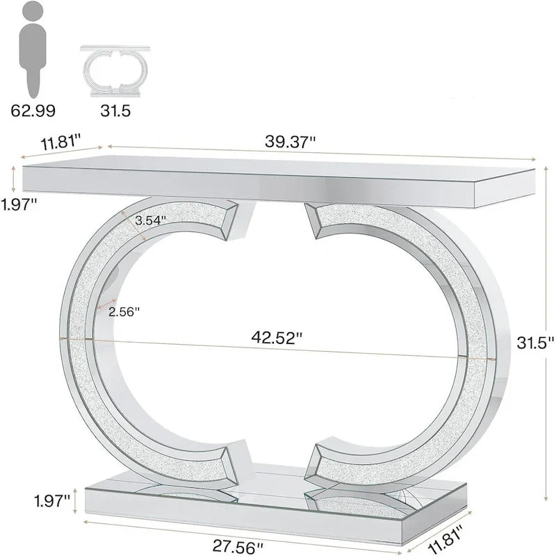 Console da Tavolo Argentata, Tavolino d'Ingresso con Specchio da 99 cm per Ingresso