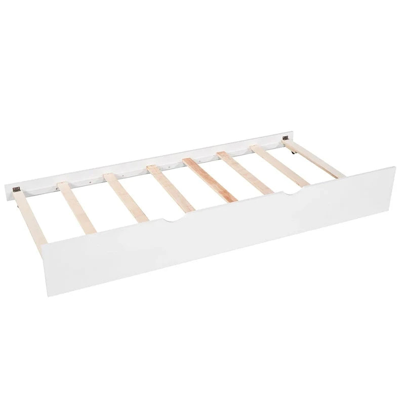 Letto a piattaforma a L moderno bianco per cameretta, dimensioni singole, con letto estraibile e cassetti