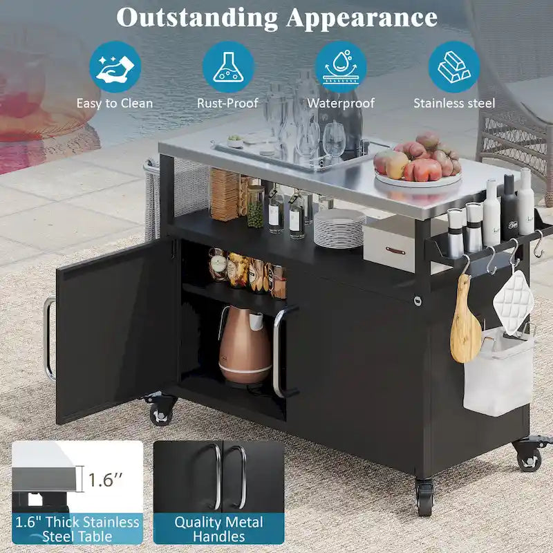 Isola da cucina per esterni con piano in acciaio inossidabile, carrello per barbecue in metallo con armadio di stoccaggio - N/A