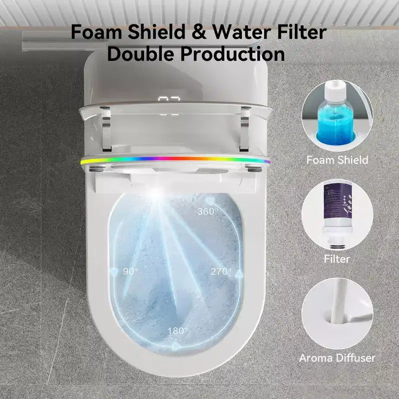 Dyonery Smart Toilet, Monobloc senza serbatoio con barriera in schiuma, Coperchio con apertura/chiusura automatica, Bidet riscaldato e asciugatore, Luce notturna a LED, Sciacquo automatico