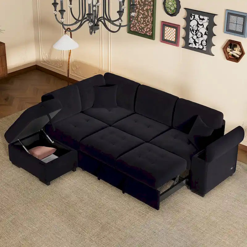 Divano sezionale a L a 5 posti con funzione letto, con pouf contenitore, vano contenitore nel bracciolo e ricarica USB per soggiorno, 84,75 pollici
