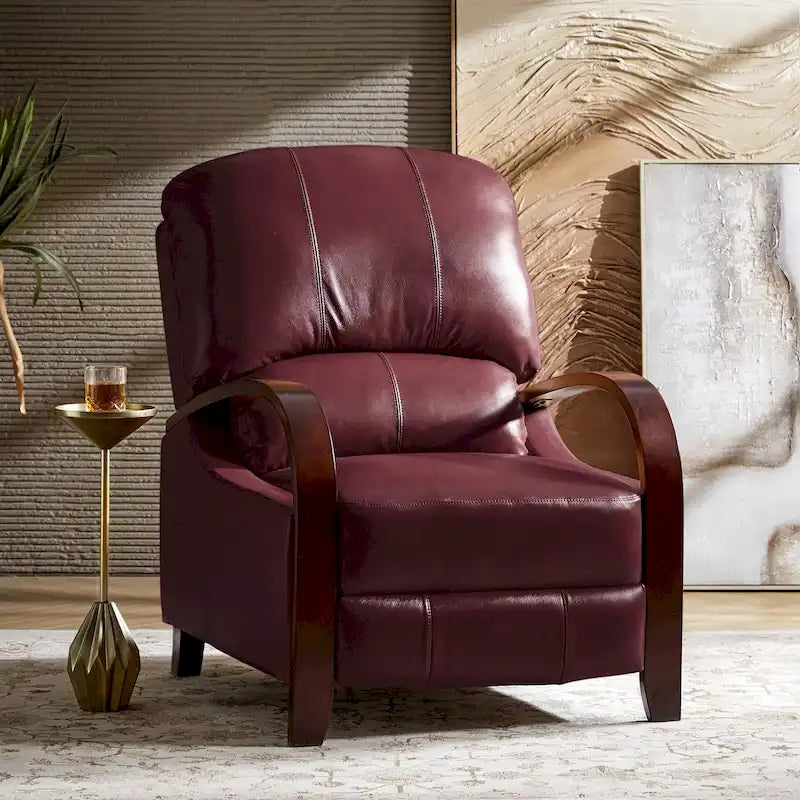 Poltrona reclinabile manuale Alex Mid-century Modern Cigar in vera pelle con braccioli ricurvi in legno
