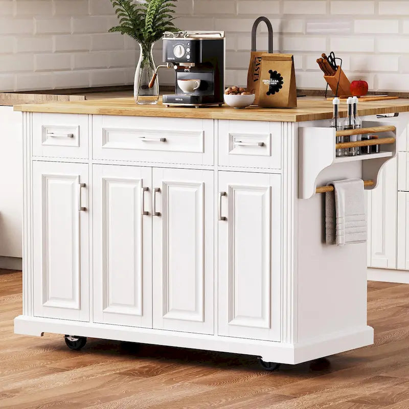 Grande isola da cucina con ribalta in legno, carrello da cucina arrotolabile con texture in rilievo, ante e cassetti con contenitore per cucina, bianco
