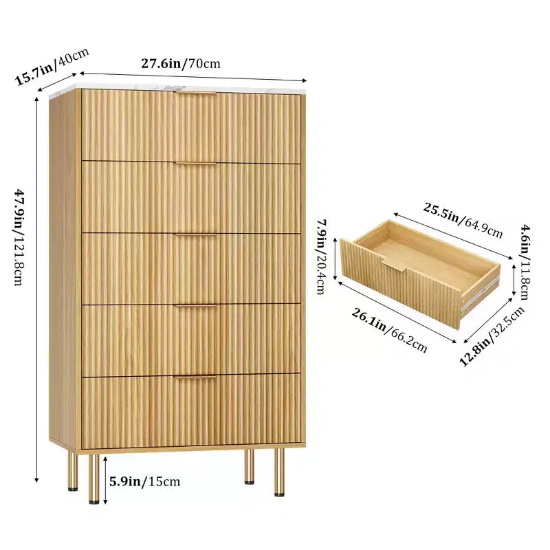 Commode 5 tiroirs Blanc / Marbre et Bois – Panneau cannelé, pour 1 personne