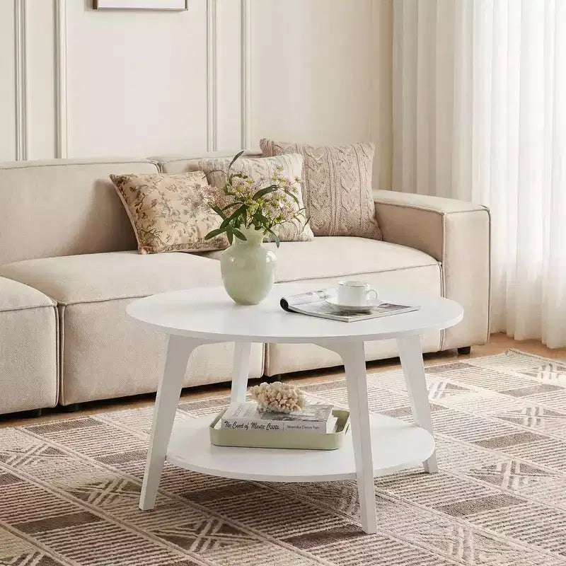 Tavolino rotondo color miele con 2 ripiani, misure 80 x 45 cm, ideale per il soggiorno