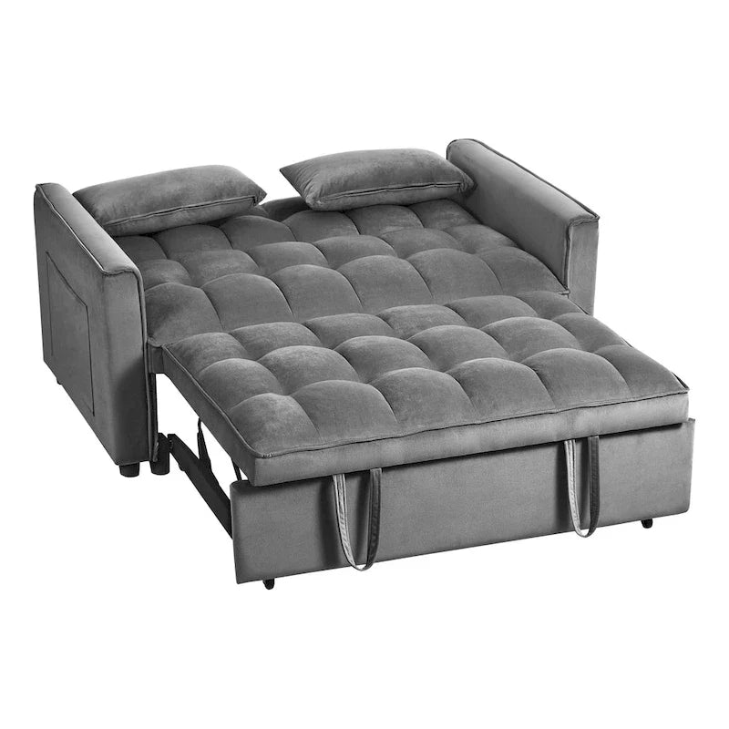Divanetto Futon Moderno in Velluto con Schienale Reclinabile e Tasche, 2 Posti – Grigio Scuro / Grigio Chiaro / Blu / Nero